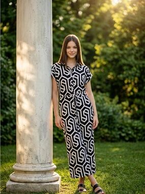 Entro Stylish jumpsuit with bold geometric pattern. Features a flattering fit.